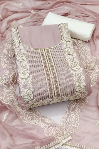 Women's baby pink unstitched thread handwork embroidery premium roman cotton dress material (msmfc11581b)