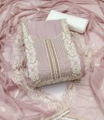 Women's baby pink unstitched thread handwork embroidery premium roman cotton dress material (msmfc11581b)