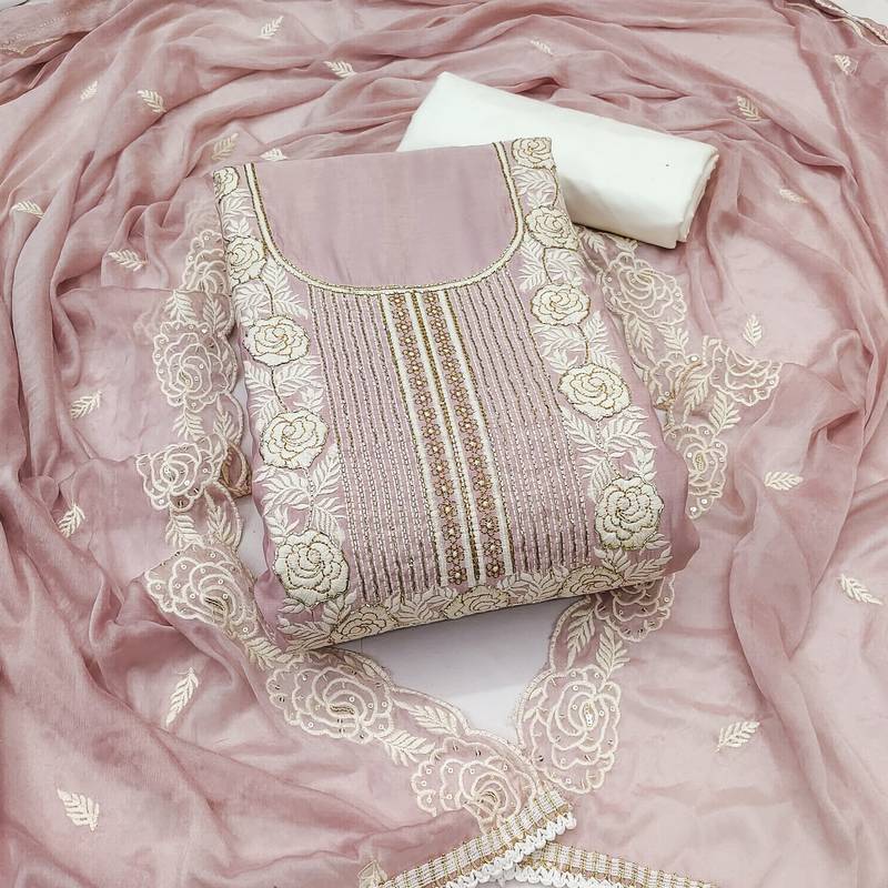 Women's baby pink unstitched thread handwork embroidery premium roman cotton dress material (msmfc11581b)