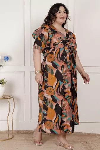   womens plus size pure cotton black puff sleeve floral printed butterfly maxi dress