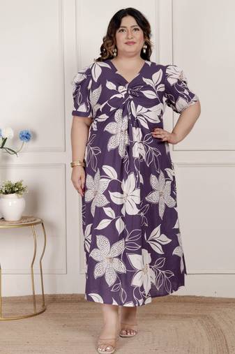 Miravan womens plus size purple pleated puff sleeve floral pure cotton butterfly midi dress