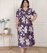   womens plus size purple pleated puff sleeve floral pure cotton butterfly midi dress