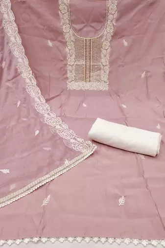 Women's baby pink thread handwork embroidery premium roman cotton dress material