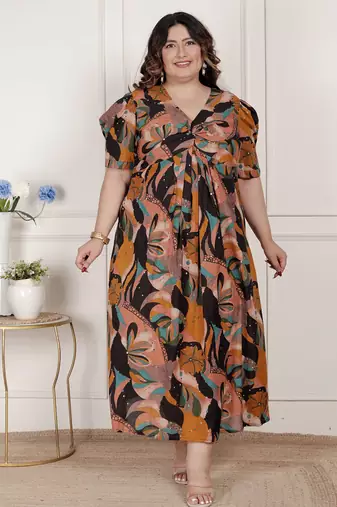   womens plus size pure cotton black puff sleeve floral printed butterfly maxi dress