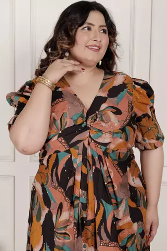   womens plus size pure cotton black puff sleeve floral printed butterfly maxi dress