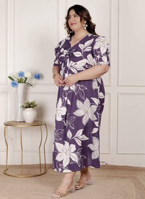   womens plus size purple pleated puff sleeve floral pure cotton butterfly midi dress 3
