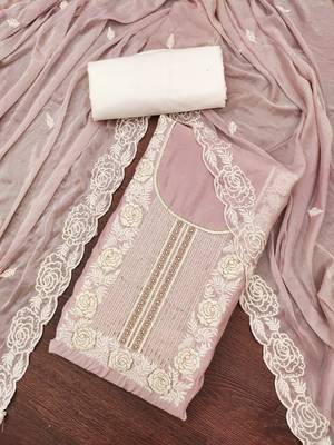 Women's baby pink thread handwork embroidery premium roman cotton dress material 3