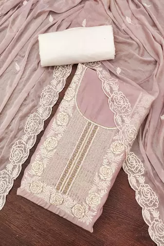 Women's baby pink thread handwork embroidery premium roman cotton dress material