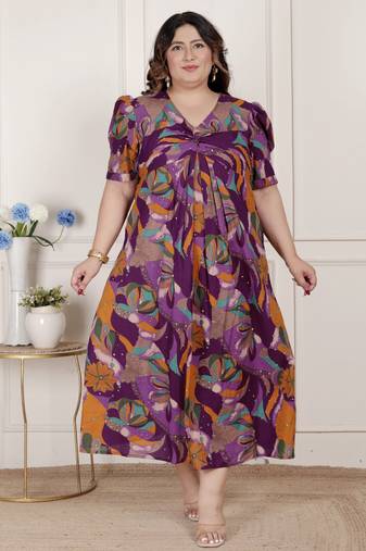 Miravan womens plus size floral print puff sleeve pure cotton fit flare magenta butterfly maxi dress