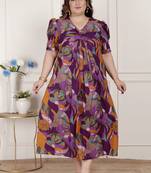   womens plus size floral print puff sleeve pure cotton fit flare magenta butterfly maxi dress