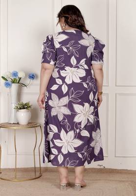   womens plus size purple pleated puff sleeve floral pure cotton butterfly midi dress 4