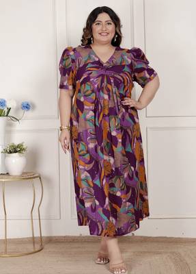   womens plus size floral print puff sleeve pure cotton fit flare magenta butterfly maxi dress 2