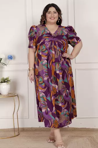   womens plus size floral print puff sleeve pure cotton fit flare magenta butterfly maxi dress