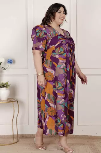   womens plus size floral print puff sleeve pure cotton fit flare magenta butterfly maxi dress