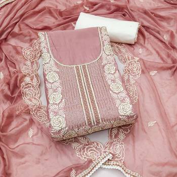 Women's pink thread handwork embroidery premium roman cotton dress material 1