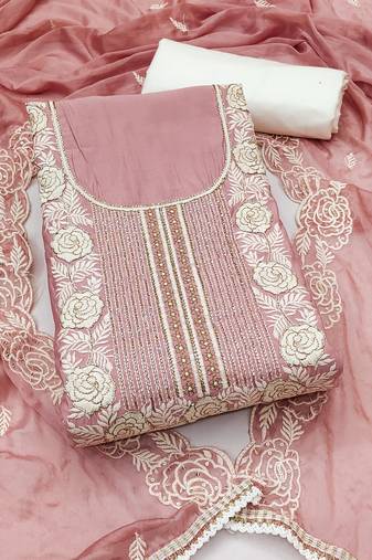 Women's pink unstitched thread handwork embroidery premium roman cotton dress material (msmfc11581c)