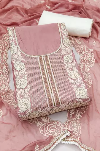 Women's pink unstitched thread handwork embroidery premium roman cotton dress material (msmfc11581c)