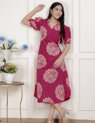   womens pink printed collar neck short puff sleeves cotton a-line maxi dress 1