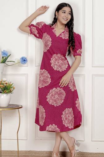 Miravan womens pink printed collar neck short puff sleeves cotton a-line maxi dress
