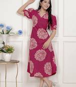   womens pink printed collar neck short puff sleeves cotton a-line maxi dress