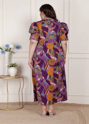   womens plus size floral print puff sleeve pure cotton fit flare magenta butterfly maxi dress 5