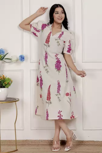 Miravan womens off white flower printed cotton flex maxi dress