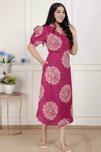   womens pink printed collar neck short puff sleeves cotton a-line maxi dress