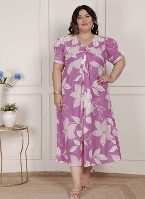   womens plus size pink floral print puff sleeve pure cotton fit flare butterfly maxi dress 1