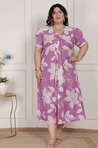 Miravan womens plus size pink floral print puff sleeve pure cotton fit flare butterfly maxi dress