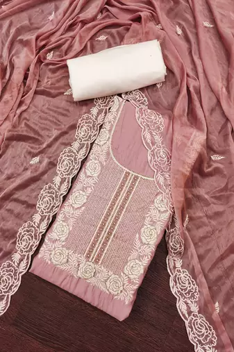 Women's pink thread handwork embroidery premium roman cotton dress material