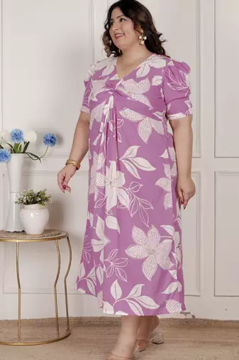   womens plus size pink floral print puff sleeve pure cotton fit flare butterfly maxi dress