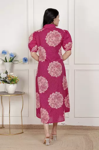   womens pink printed collar neck short puff sleeves cotton a-line maxi dress