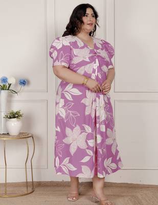   womens plus size pink floral print puff sleeve pure cotton fit flare butterfly maxi dress 3