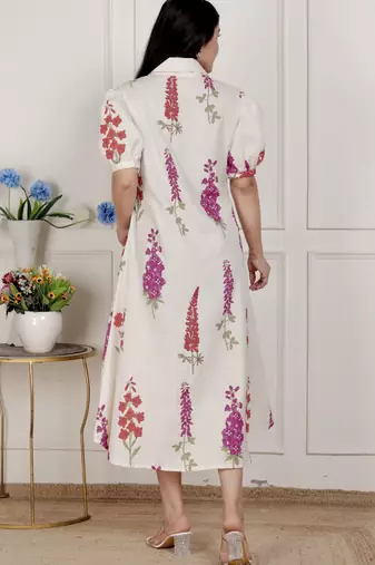   womens off white flower printed cotton flex maxi dress