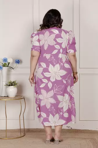   womens plus size pink floral print puff sleeve pure cotton fit flare butterfly maxi dress