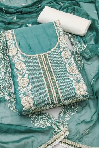 Women's sea green unstitched thread handwork embroidery premium roman cotton dress material (msmfc11581d)