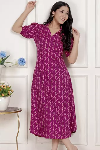 Miravan womens magenta floral printed cotton dress with one side pocket