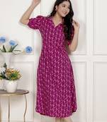   womens magenta floral printed cotton dress with one side pocket