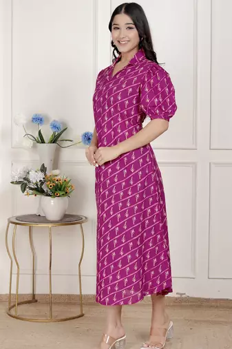   womens magenta floral printed cotton dress with one side pocket