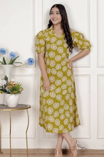 Miravan women's yellow printed puff sleeve floral  maxi party dress