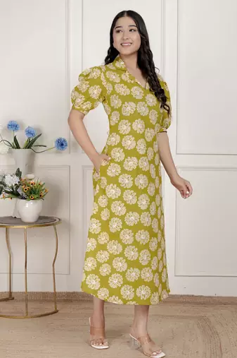   women's yellow printed puff sleeve floral  maxi party dress