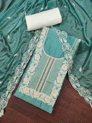 Women's sea green thread handwork embroidery premium roman cotton dress material 3