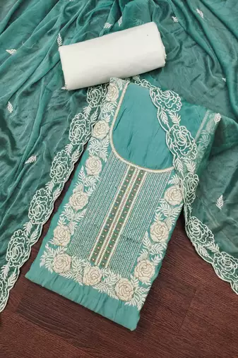 Women's sea green thread handwork embroidery premium roman cotton dress material