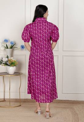   womens magenta floral printed cotton dress with one side pocket 5