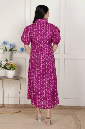  womens magenta floral printed cotton dress with one side pocket