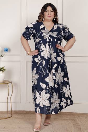 Miravan womens plus size blue flower printed puff sleeve pure cotton fit v neck butterfly middi dress
