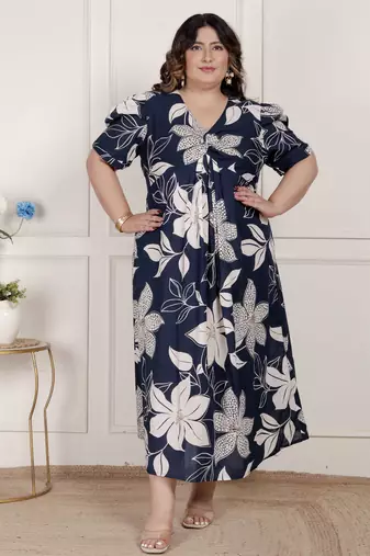 Miravan womens plus size blue flower printed puff sleeve pure cotton fit v neck butterfly middi dress
