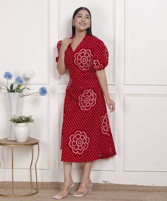   womens red bandhani printed collar neck  maxi dress 1