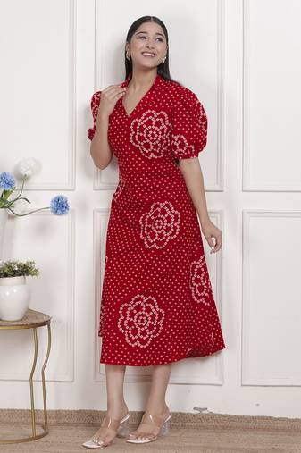 Miravan womens red bandhani printed collar neck  maxi dress
