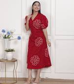 Miravan womens red bandhani printed collar neck  maxi dress